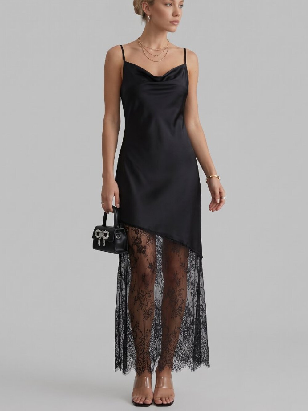 Women's Black Satin Lace Patchwork Cowl Neck Asym Hem Maxi Dress